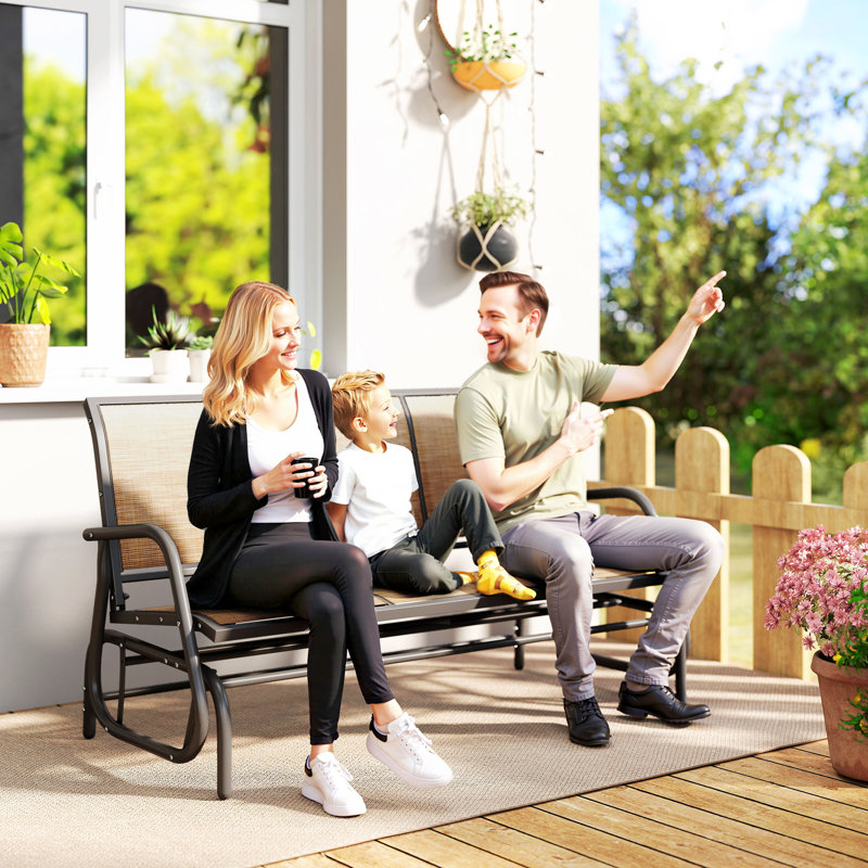 3-Person Outdoor Patio Glider Bench, Porch Glider Swing With 3 Seats, Breathable Mesh Fabric, Metal Frame, Brown, Brown