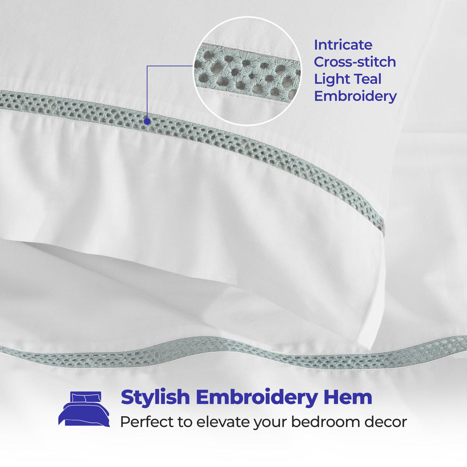 Satin Sheet Set, King Sheet Set with 2 Pillowcases, White/Light Teal