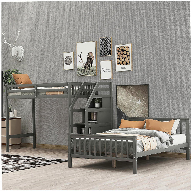 Double bunk bed with ladder, gray, Gray