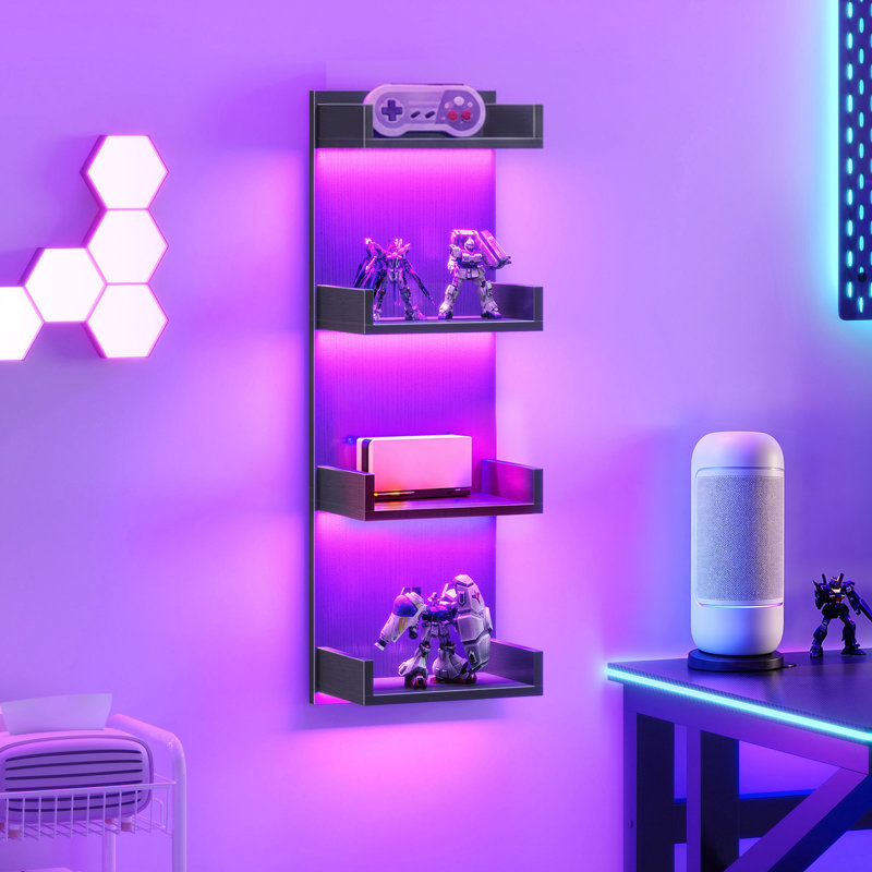 Étagère murale avec éclairage DEL, tablette flottante, tablette à 4 niveaux pour rangement mural, présentoir mural vertical, pour chambre, salon, couloir