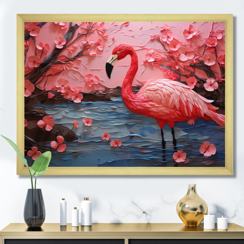 Flamant rose Elegance III - imprimé, Cadre doré simple, H 24 po x l 32 po x P 1 po