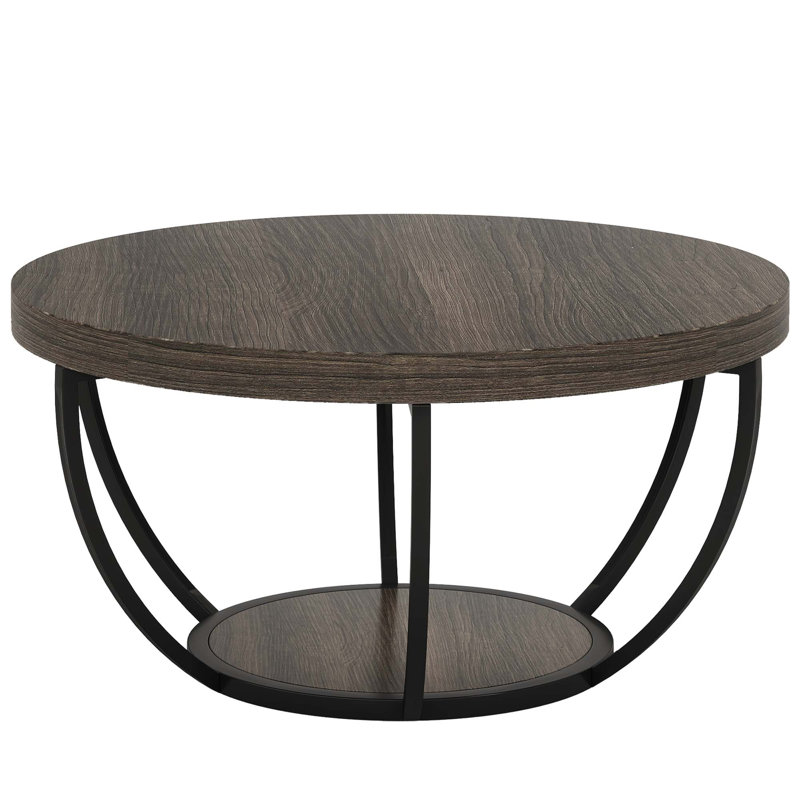 Table basse ronde, table basse circulaire en bois gris à 2 niveaux de 31,7 po avec tablettes de rangement, table d'appoint moderne pour le salon