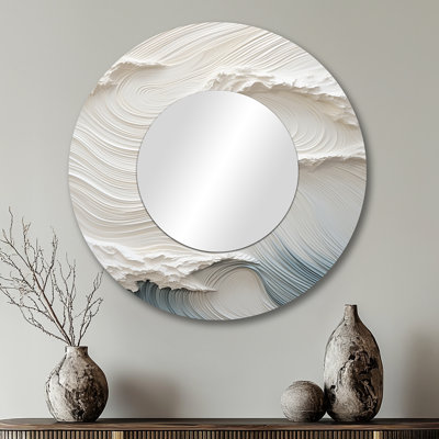 White And Blue Wave Papercut Style I - Waves Decorative Wall Mirror, White Large Round Mirror, Printed Metal Art