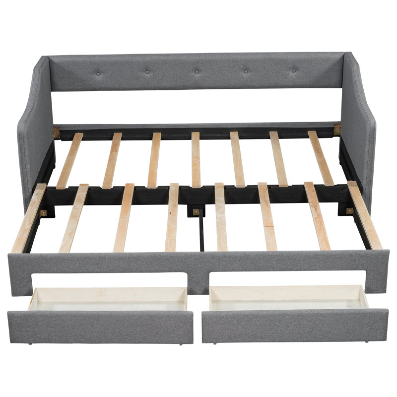 Twin XL To King Upholstered Daybed With Two Drawers, Gray