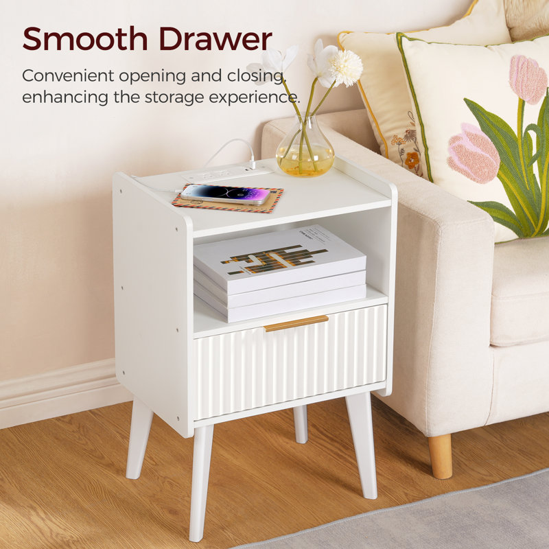 23.4"NightStand with Charging Station, Fluted Bedside Table Furniture, White