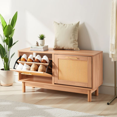 Entryway Shoe Storage Bench 39.4x11.8x20.9Inch Rattan-Like Rack with Flip Drawer