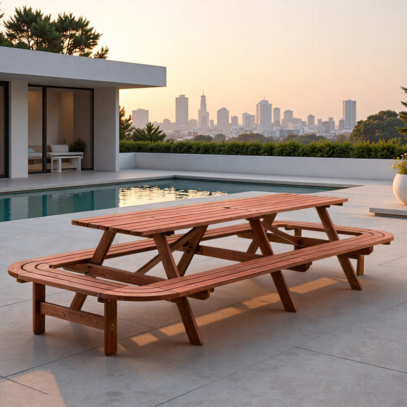 Table de pique-nique 14-16 personnes avec bancs et trou pour parasol