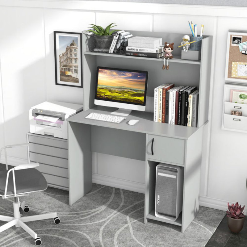 Home Office Desk With Raised Display Shelf And 2 Open Shelves