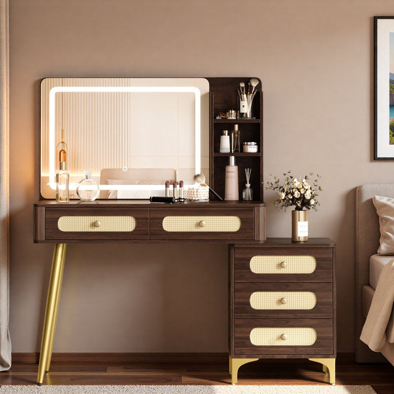 Coiffeuse de maquillage rétro avec miroir et lumières, 5 tiroirs, tablettes de rangement ouvertes, conception en rotin et poignées en métal
