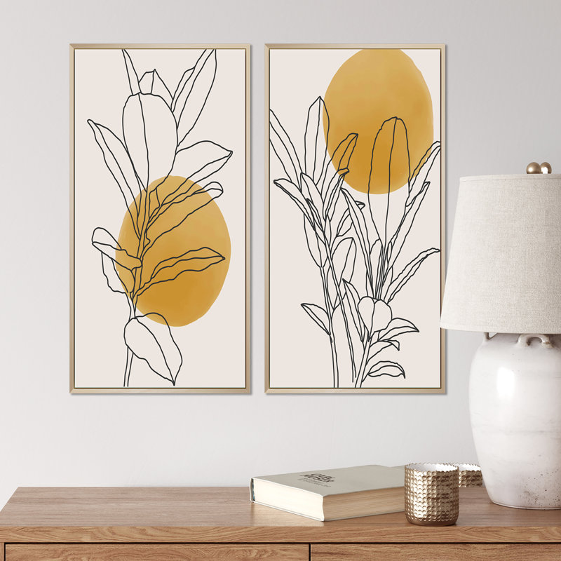 Branche botanique jaune avec feuilles I - ensemble de 2 peintures, H 20 po x l 24 po, Impression encadrée, Brun