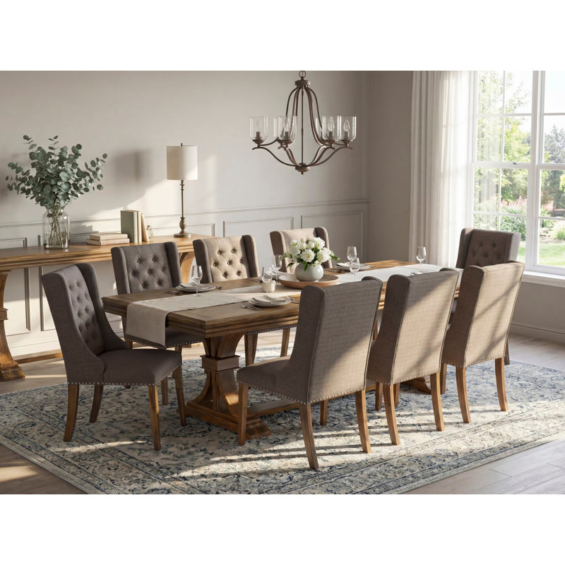L'ensemble de cuisine 9 pièces comprend une table de petit-déjeuner et 8 chaises de cuisine en tissu de lin brun avec dossier capitonné - finition noyer antique.