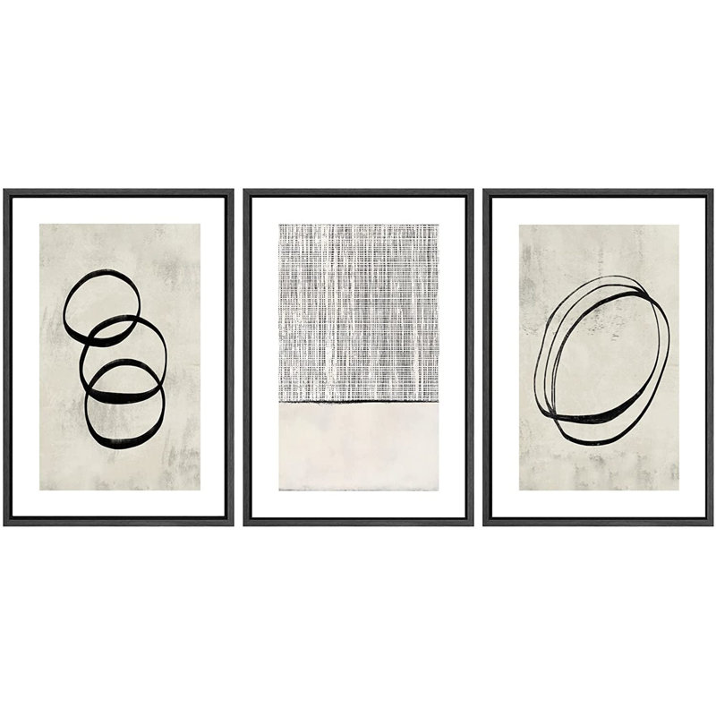 " Neutral Geometric Ring Grid Landscape Abstract Wall Art " 3 - Pieces, 24" H x 48" W, Black
