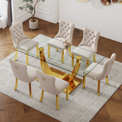 Ensemble de table de salle à manger 71 "en verre trempé avec base en métal doré et chaises capitonnées