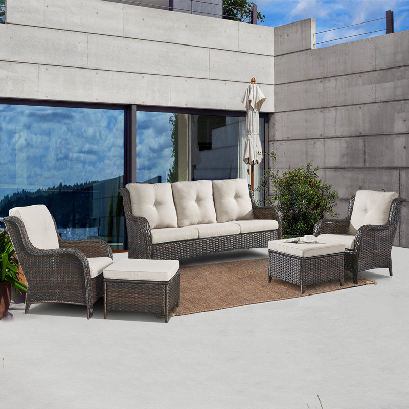 5 - Person Patio Conversation Set with Cushions, Brown, Beige