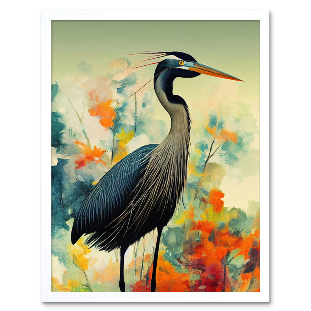 Heron Bird Abstract Flower Field - No Frame Rectangle Print