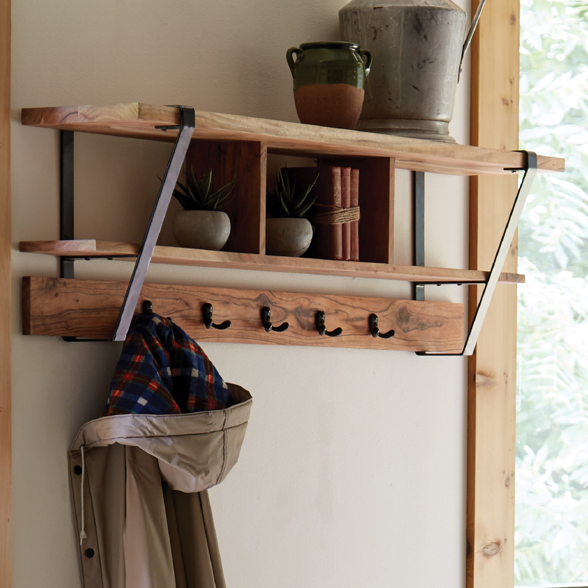 Rustic Wood Towel Hooks, Wall Mounted Floating Display Shelf Rack with 5  Hooks