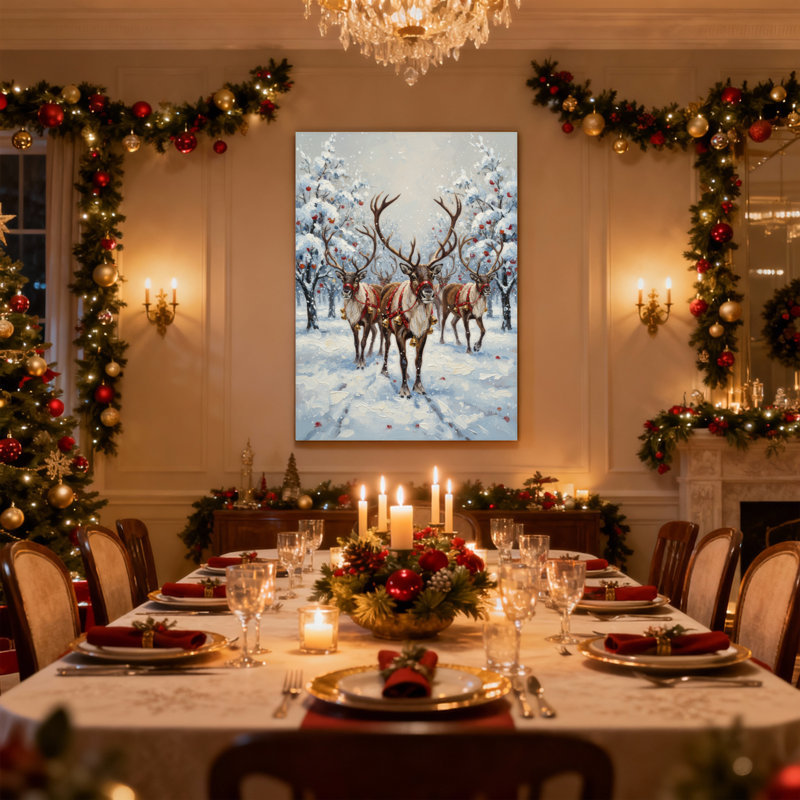 Ensemble de 3 reproductions d'art sur toile, "Christmas Winter Reindeer Snowy Forest Christmas Scene", H 30 po x l 20 po