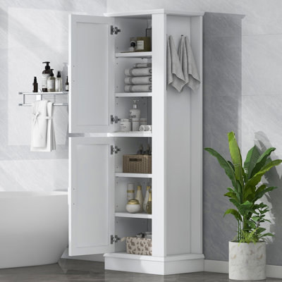 Tall Bathroom Storage Cabinet, Freestanding Storage Cabinet With Hook And Adjustable Shelf, MDF Board, White