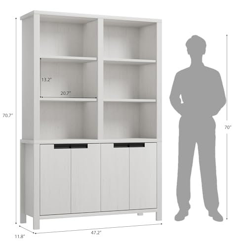 Farmhouse 5-Tier Bookshelf, 70.7" Tall Double Wide Bookcase with Doors & Cabinet, White