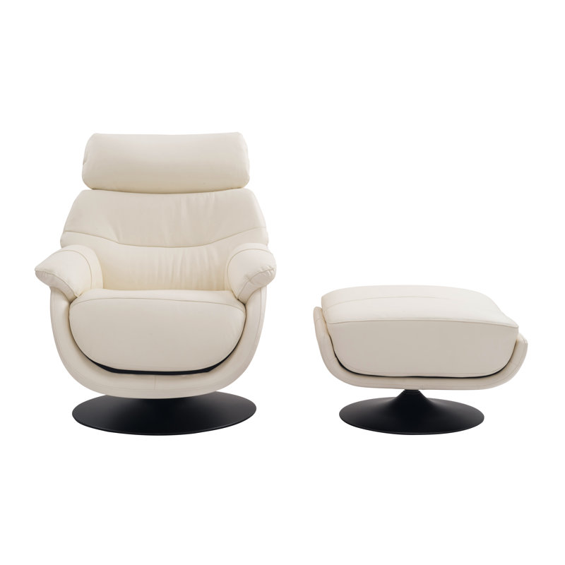 Wanita Upholstered Swivel Accent Chair with Ottoman, White Leather Match