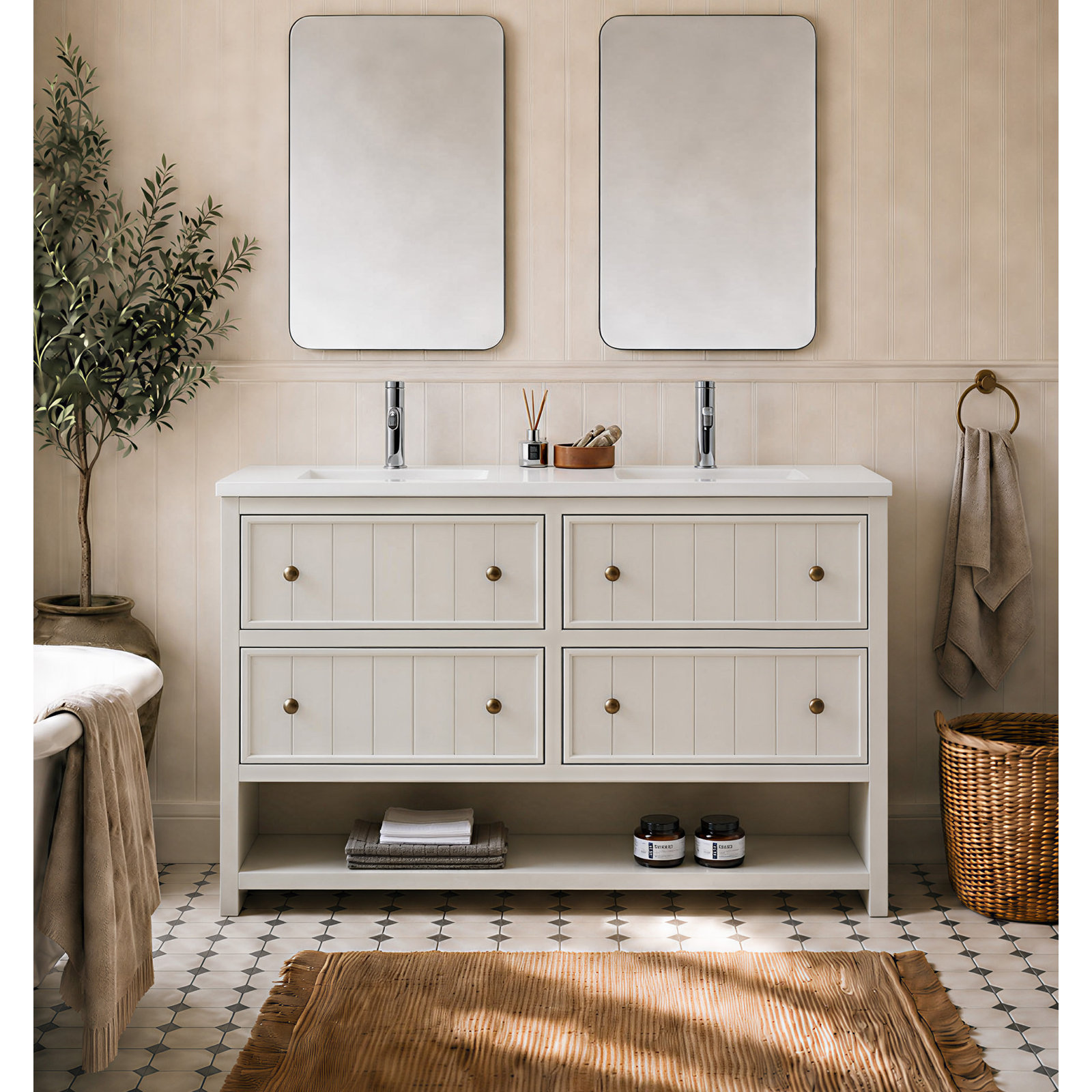 Rennes 60" Vintage Plywood Bathroom Vanity With Engineered Quartz Top, White