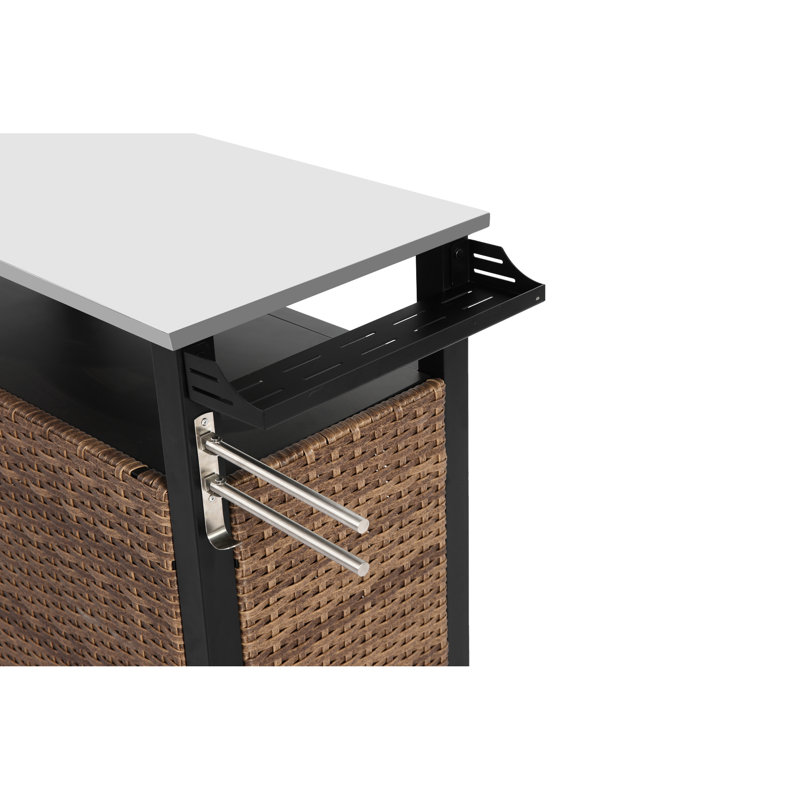 Grand chariot d'îlot de cuisine extérieur avec plateau en acier inoxydable et roulettes, armoire de rangement brune prolongée