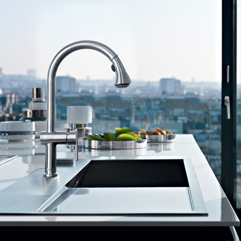 Whitehaus Collection Stainless Steel Single Lever Kitchen Faucet with Pull-down Spray Head, Brushed Stainless Steel