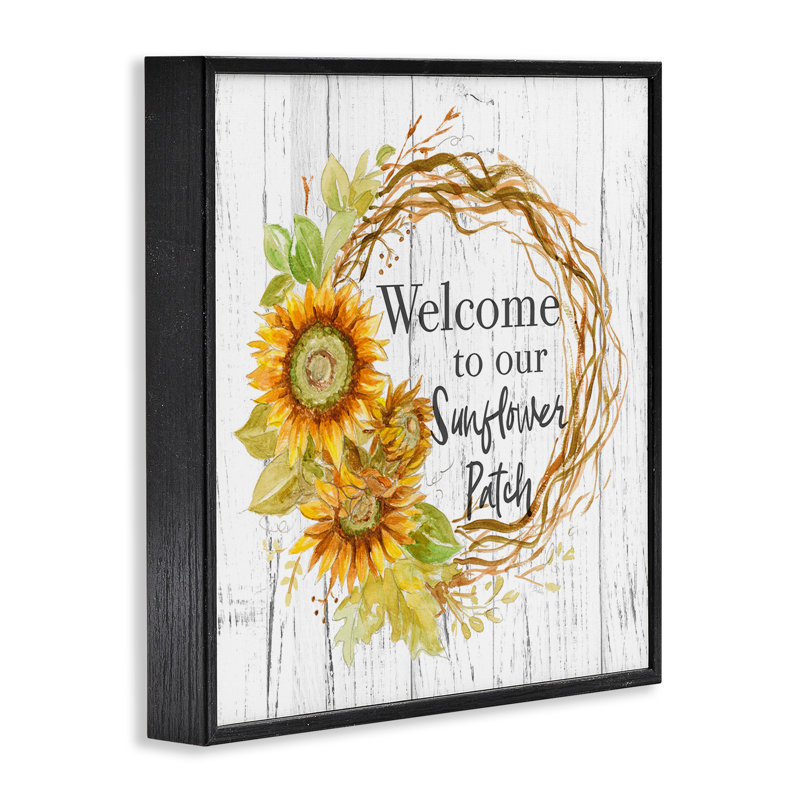 Welcome to Sunflower Patch Rustic Floral Wreath par Patricia Pinto - impression d'art graphique, Giclée encadrée noir minuit