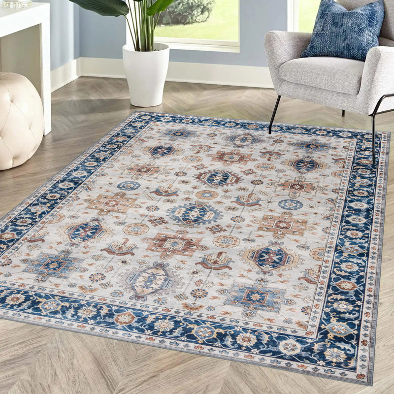 Micah Blue and Ivory Traditional Washable 6' x 9' Area Rug