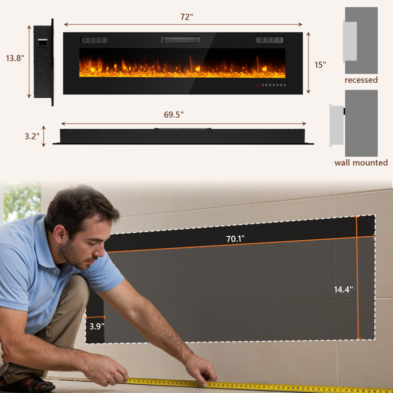 Insertion de foyer électrique 72 po, foyer électrique mural 72 po avec télécommande et minuterie, couleur de flamme réglable, 750 / 1500W