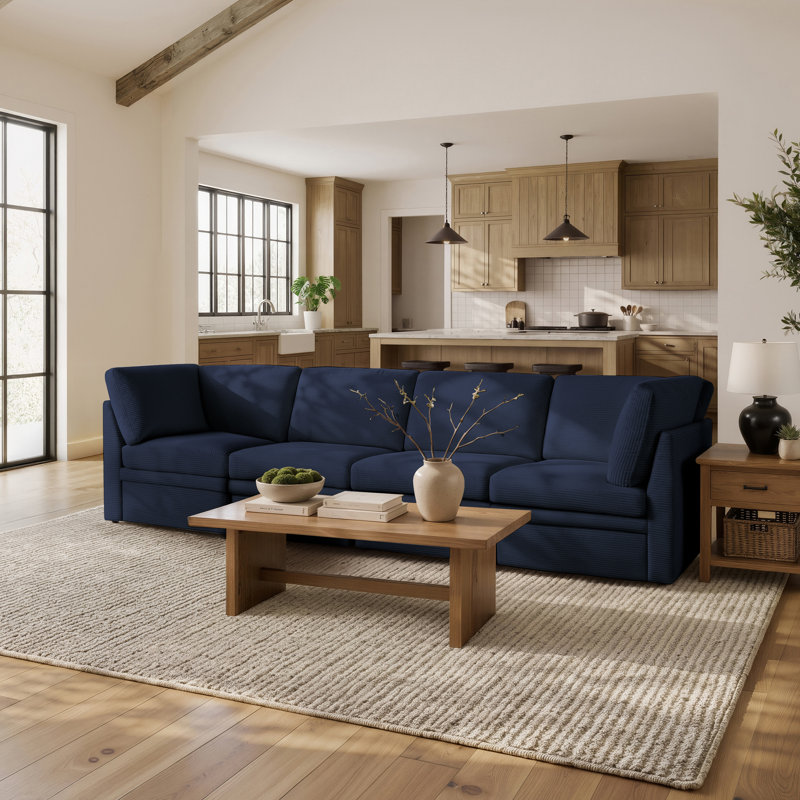 erta® Brady 95.6" Modular Sectional, Easy Assembly, Pocket Coil Comfort, Corduroy Fabric, Navy Corduroy