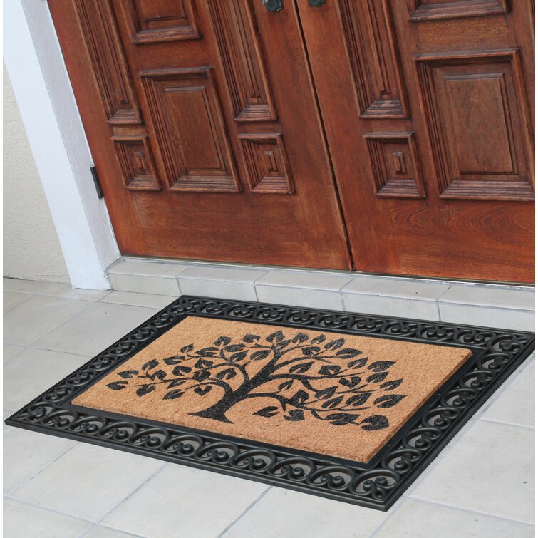 Isedore Rubber and Coir Flocked Double Doormat, Black - 30X48- Welcome Tree Black Red Barrel Studio