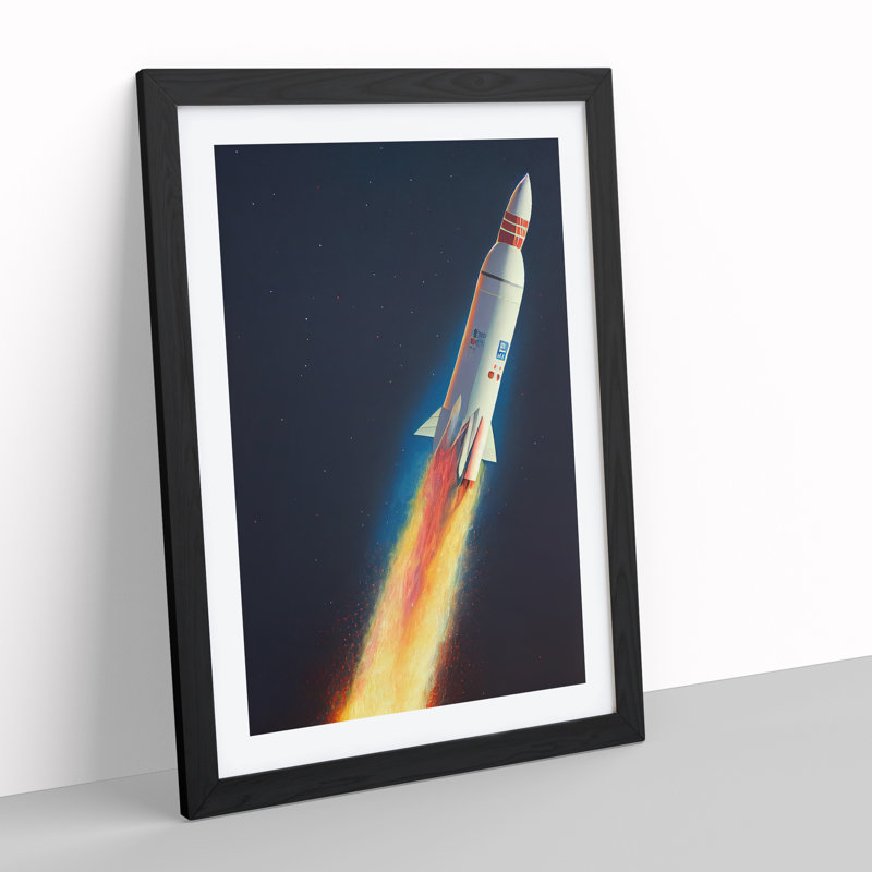 Animated Spaceship Rocket 1 Piece Single Picture Frame Wall Art, 64cm H x 46cm W x 2cm D, Black