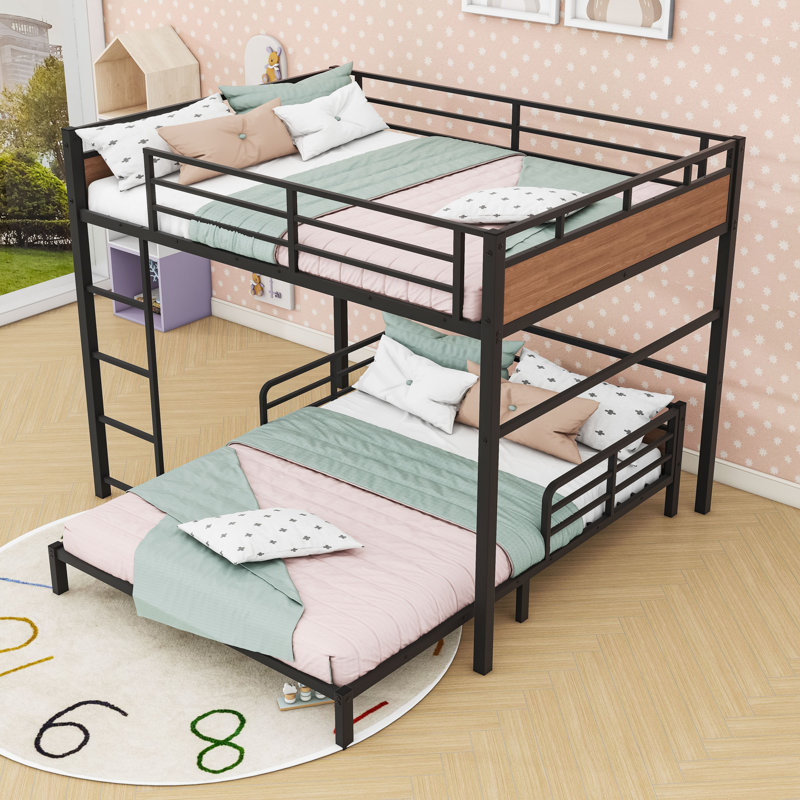 Metal Bunk Bed With Raised Security Fence, Walnut, Full Over Full