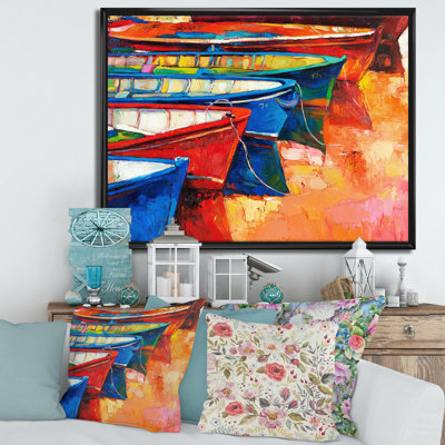 Bateaux dans le port pendant un coucher de soleil chaud II - peinture sur toile