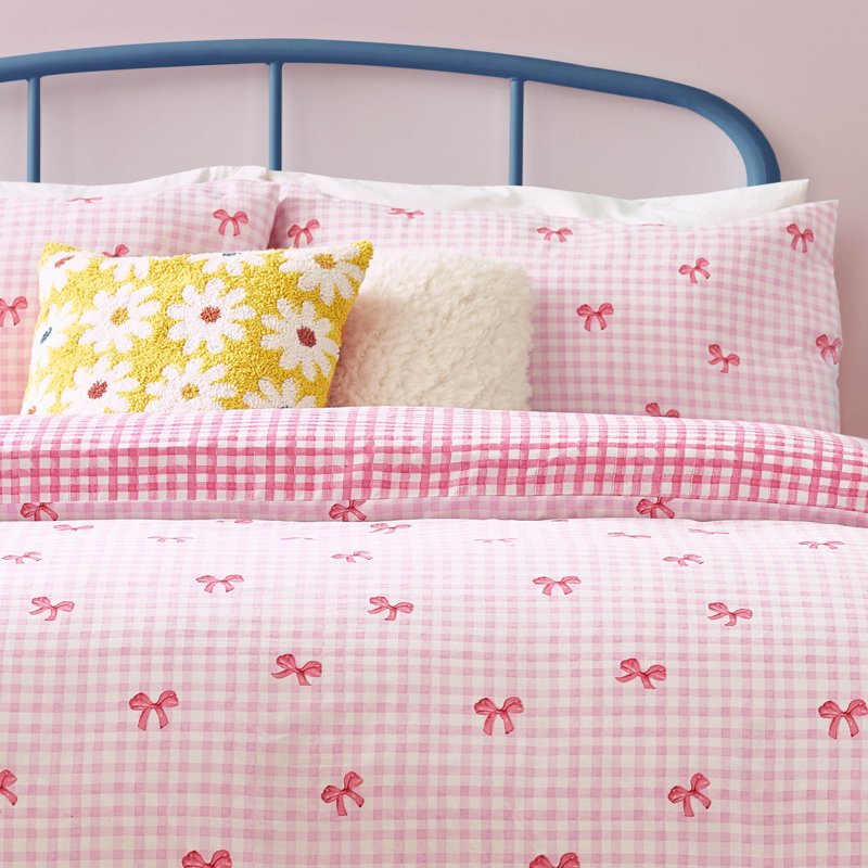 Gingham Bows Polyester Gingham Duvet Cover Set with Pillowcases, Super King Duvet Cover Set + 2 Pillowcases