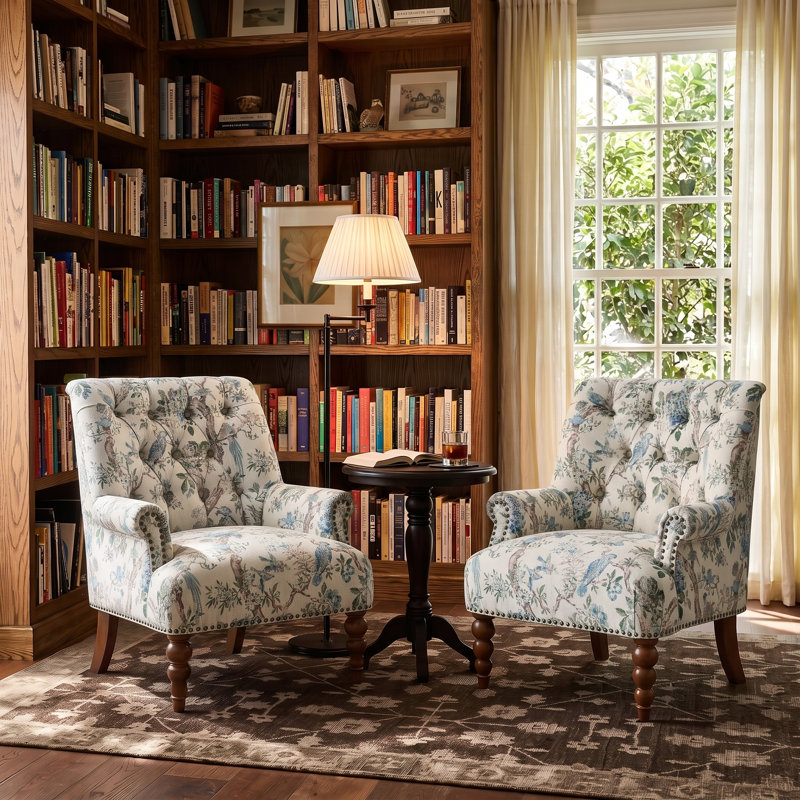 Plath 31"W Transitional Floral Rolled Arm Chair with Nailhead Trim, Oiseau