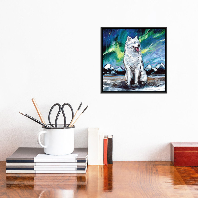 Reproduction d’art, "samoyède « night I » par aja Trèves, Pas de tapis, H 12 po x l 12 po x P 1,5 po, Toile avec cadre noir