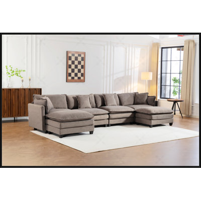 Modern Sectional Sofa With Ottoman, Symmetrical Design, And Waist Pillows For Living Room Comfort