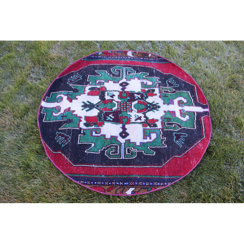 Tapis turc rond vert antique noué à la main de style bohémien pour un décor d'inspiration rétro