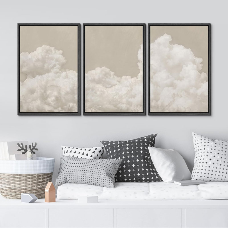 «Mute Serene Sky Rempli de nuages moelleux, illustrations, décor neutre, salon chic», 3 pièces, Noir, H 36 po x l 24 po