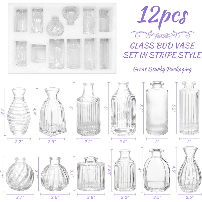 Ensemble de 12 vases à bourgeons, vase en verre pour centre de table, petits vases pour fleurs, vases à fleurs transparents à rayures en vrac, vases rétro pour décoration de table de mariage