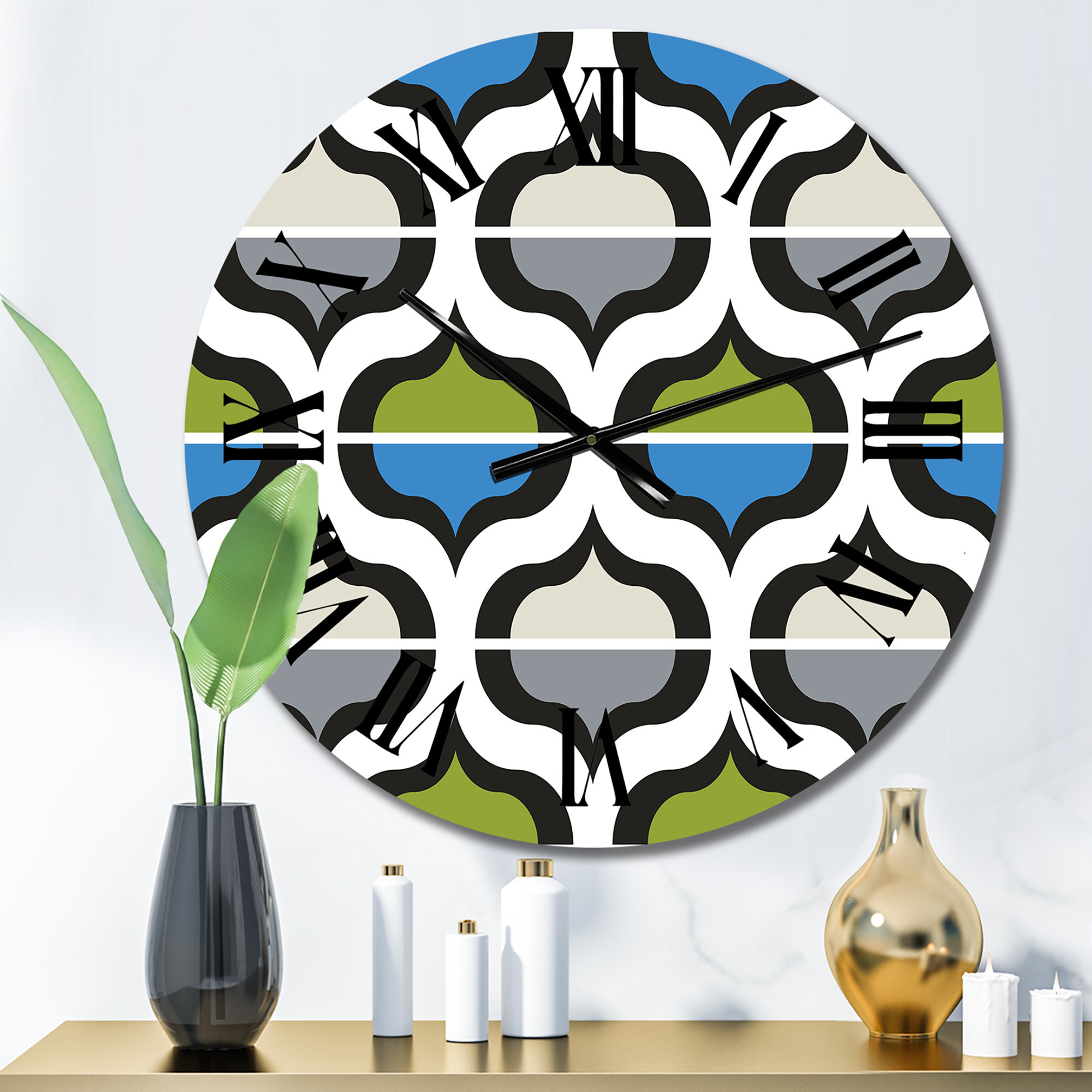 East Urban Home Green and Blue Retro Geometrics - Patterned Wall Clock ...