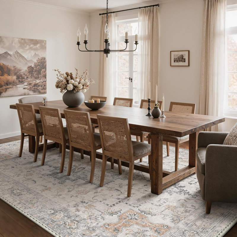 Area Rugs For Living Room, Non Slip Machine Washable Vintage Rugs, Low Pile Lightweight Chenille Print  Rug For Bedroom, Dining Room, Home Office, Light Taupe