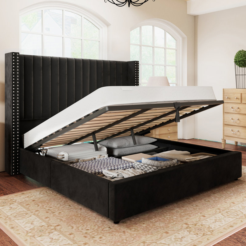Olivea Queen Bed Frame Lift Up Storage Bed, Velvet Queen Upholstered Bed Frame, Black