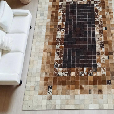 Brown And Beige Cowhide Patchwork Rug, Handmade Natural Leather Carpet