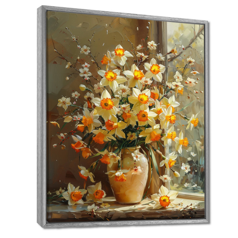 Jaune et blanc, charme féminin, jonquilles - décoration murale jonquilles, Encadrement argenté, H 12 po x l 20 po