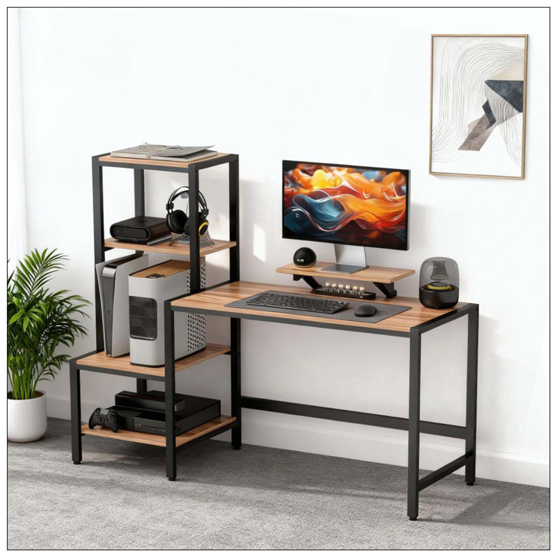 Reversible Computer Desk With Monitor Stand And 4-Tier Storage Shelf For Home And Office | Gift Idea