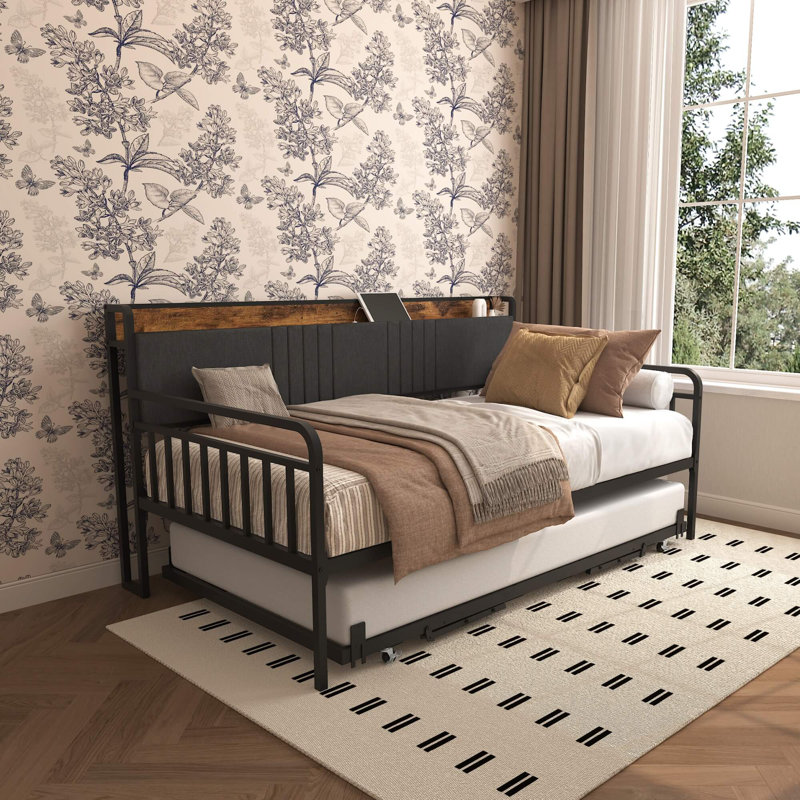 Twin Metal Daybed with Trundle, Upholstered Headboard, RGB LED Lights, and Built-In Charging Station, Black