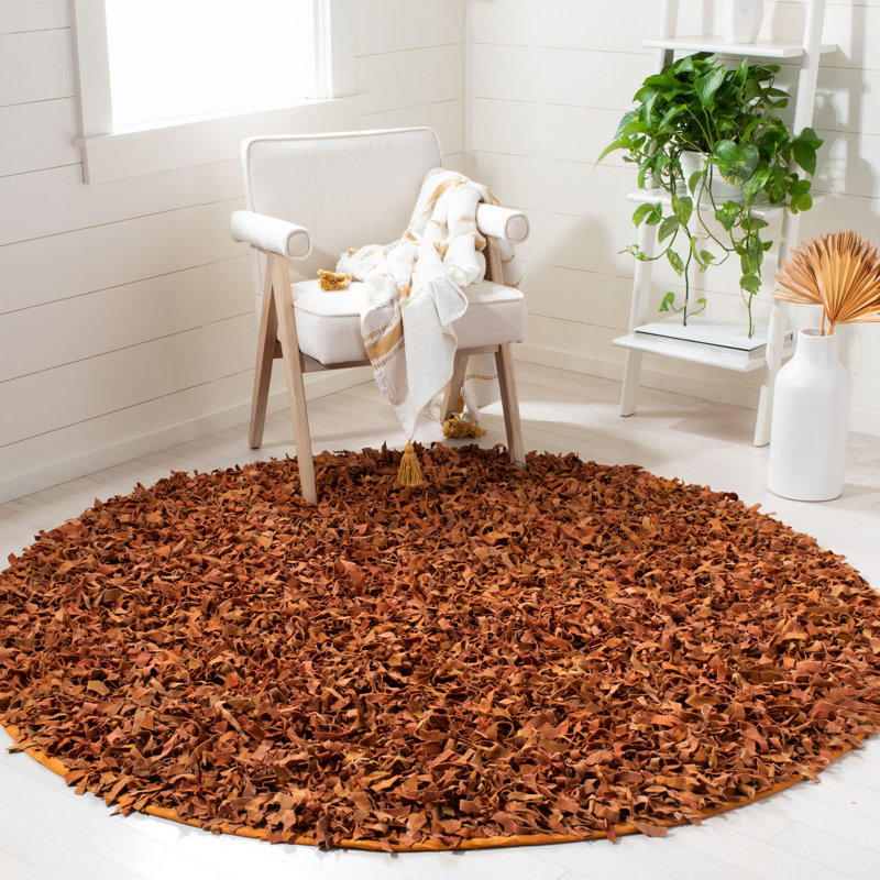 Leather Shag Handwoven Rag Leather/Cotton Solid Color Rug in Orange, Round 6'